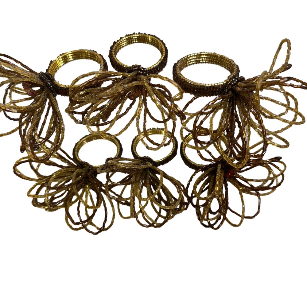 Set of 6 Beaded Napkin Rings Amber‎ Bronze Brown Floral Glass Bead Table Decor